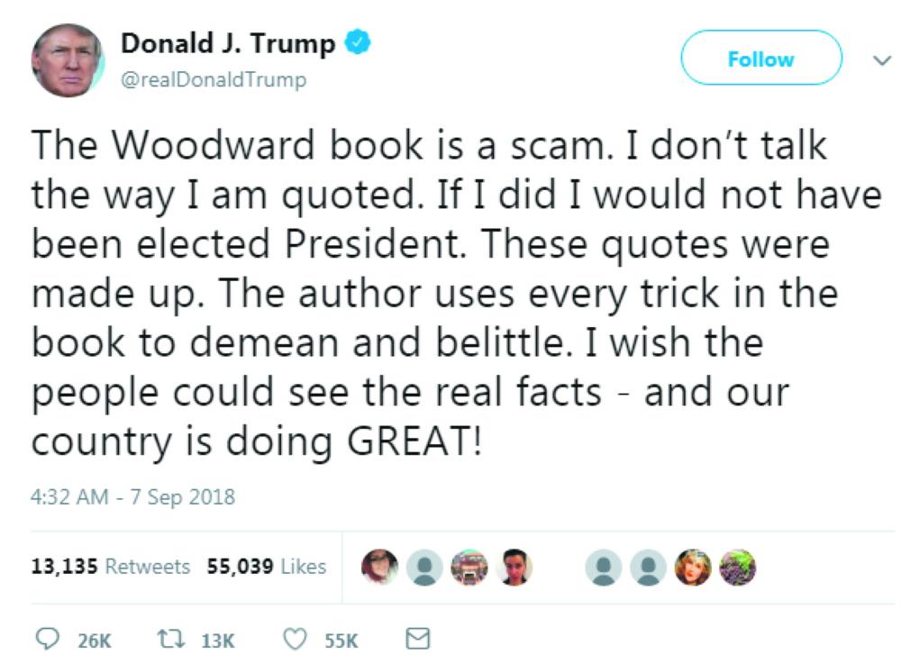 ترامب يصف كتاب «ودوورد» بالمخادع