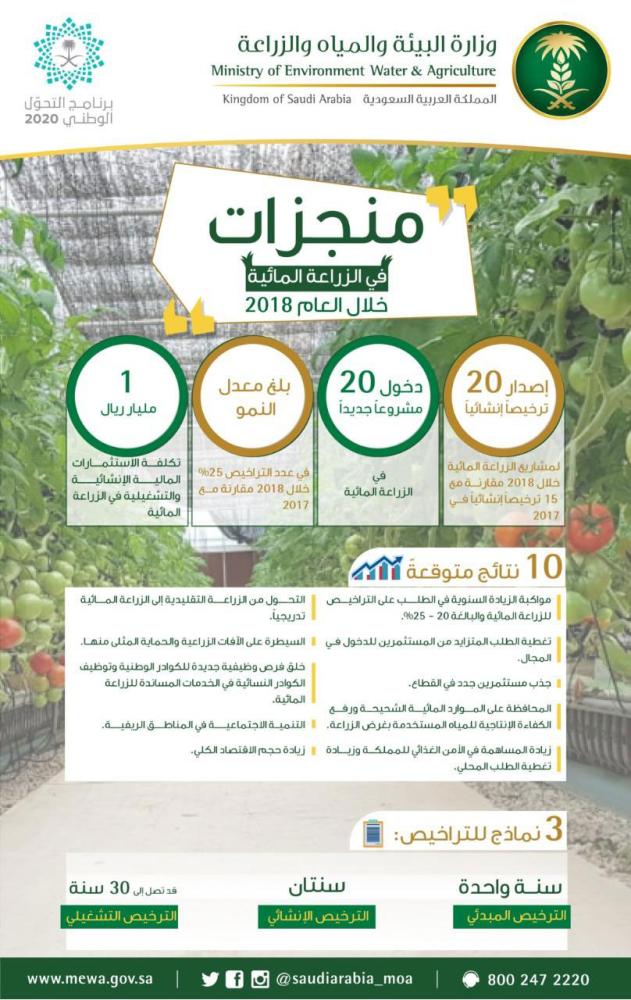 التراخيص لـ 20 مشروعاً في الزراعة المائية خلال 2018