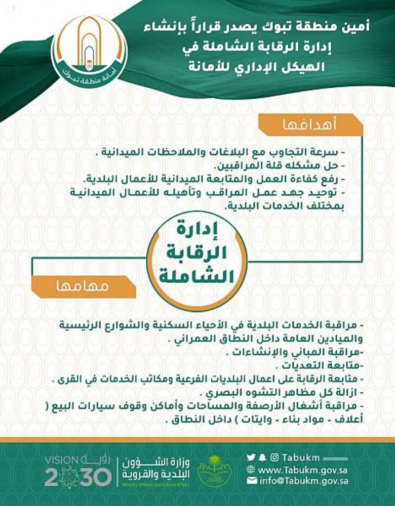 إدارة للرقابة الشاملة بأمانة تبوك
