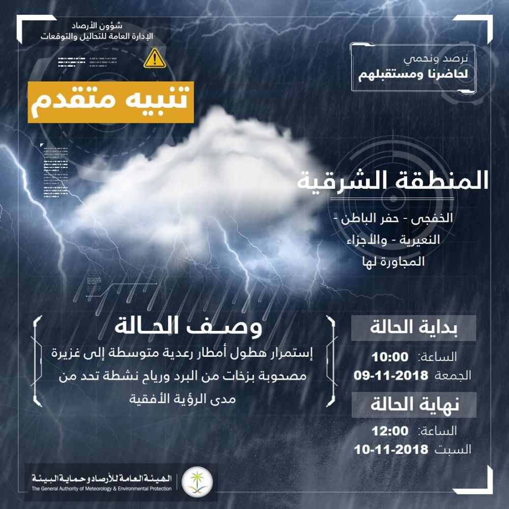 تنبيه من سيول في الخفجي وحفر الباطن والنعيرية