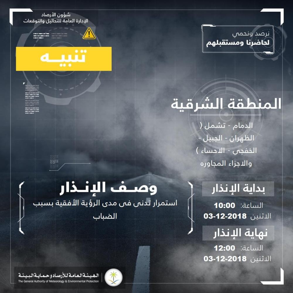 تنبيه من تدني الرؤية في 5 مناطق بالشرقية