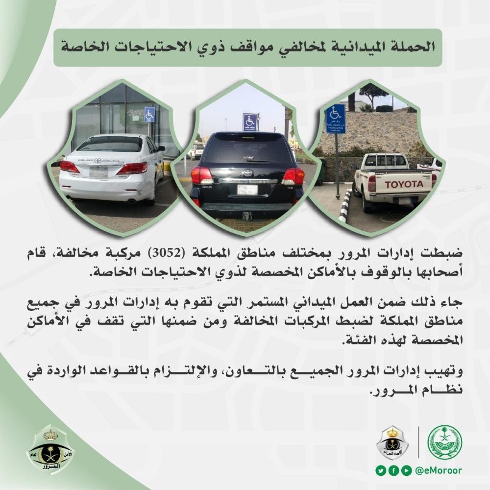 3052 مخالفة وقوف في أماكن «ذوي الاحتياجات»