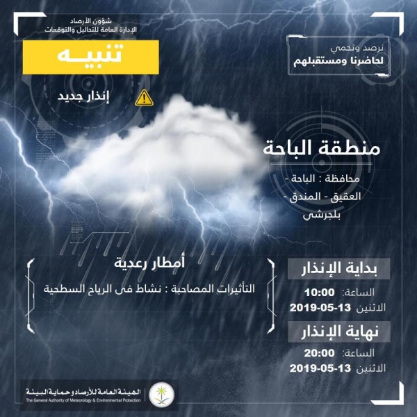 «الأرصاد» تنبه من أمطار رعدية على الباحة