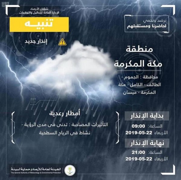 الأرصاد: أمطار رعدية متفرقة على مكة
