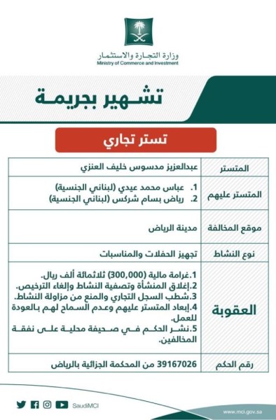 التجارة : التشهير بمٌتسترين يستثمرون في تجهيز الحفلات والمناسبات بالرياض