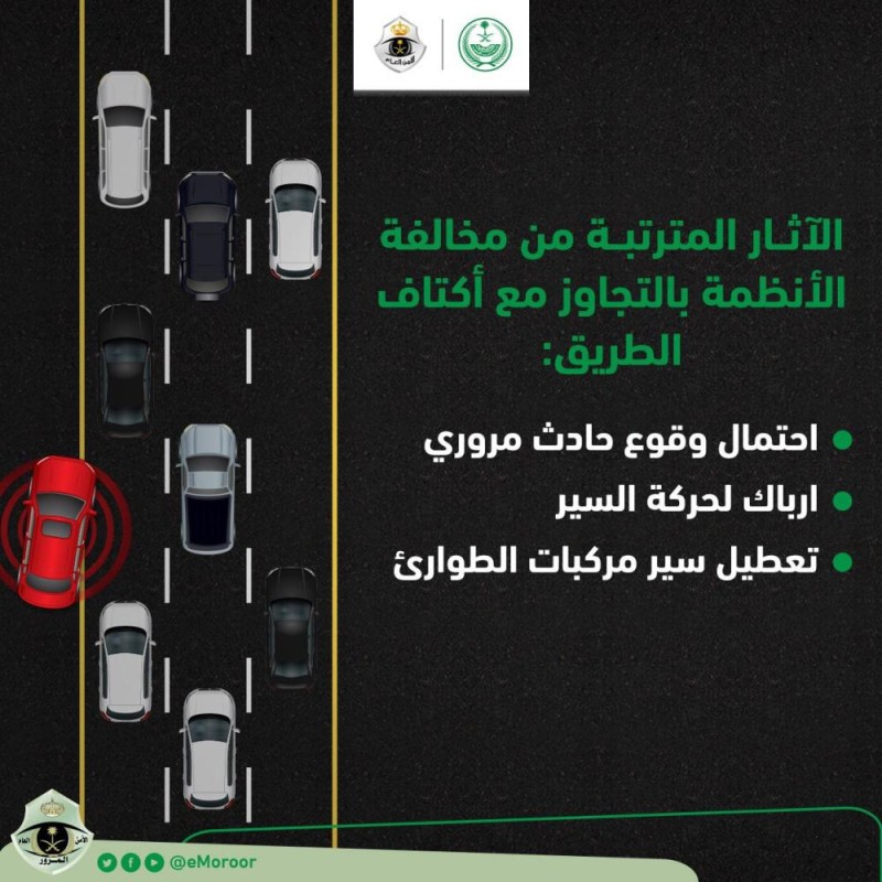«المرور» يحذر من القيادة على أكتاف الطريق