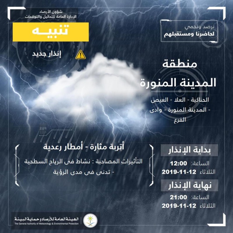 «الأرصاد»: غبار وأمطار رعدية على المدينة المنورة