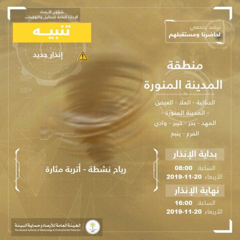 رياح وأتربة على المدينة المنورة حتى الـ 4 عصراً