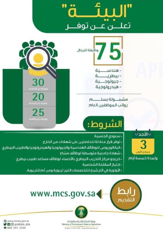 «البيئة» تعلن عن ٧٥ وظيفة (تفاصيل)