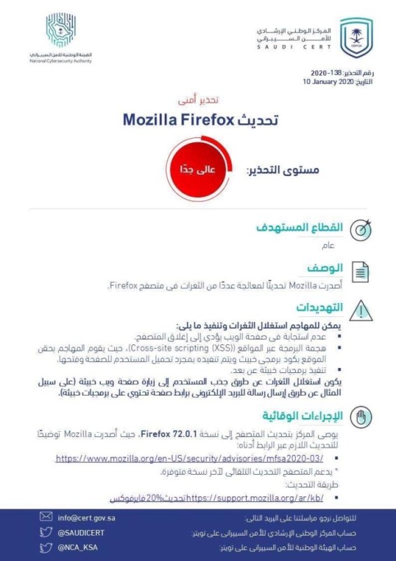 «الأمن السيبراني» يحذر من ثغرات أمنية في «فايرفوكس»