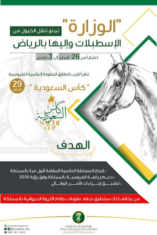 وقف تنقل الخيول فى الرياض بدءا من 26 فبراير