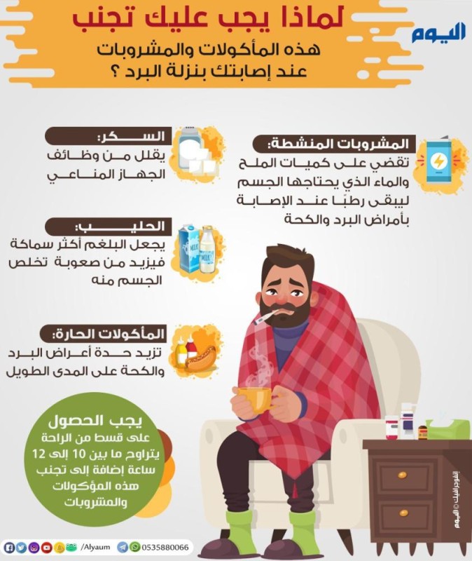 تجنب هذه المأكولات والمشروبات عند إصابتك بنزلة البرد
