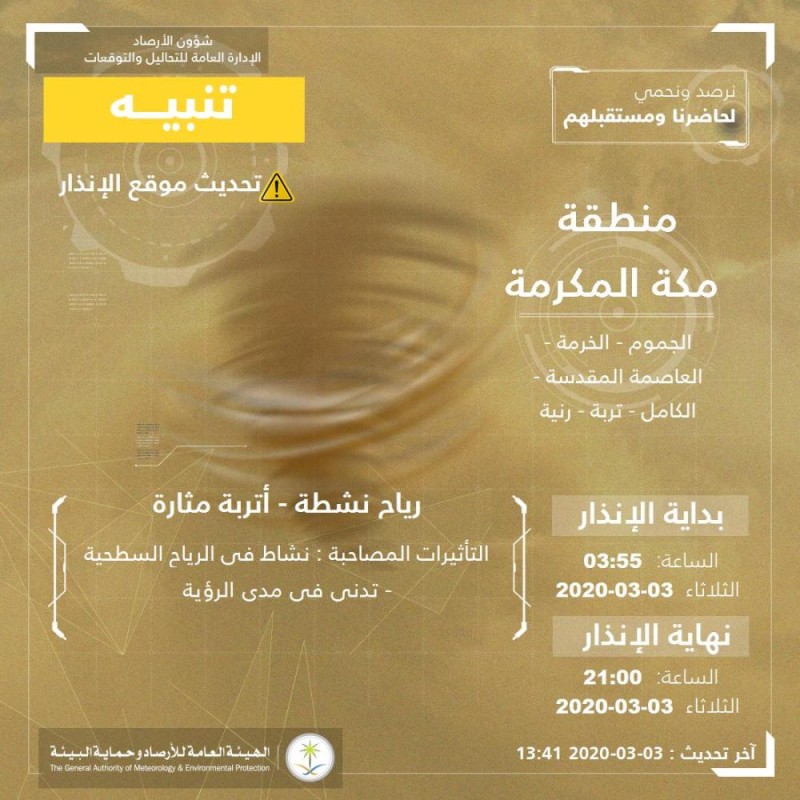 رياح وأتربة على مكة حتى الـ 9 مساء