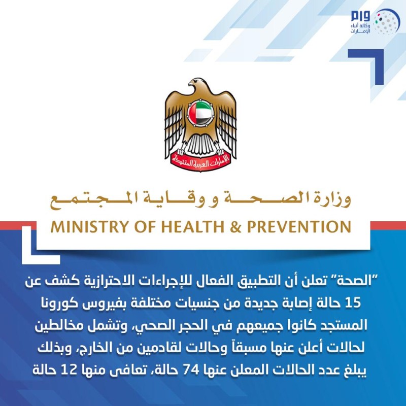 الصحة الإماراتية : 74 حالة كورونا تعافى منها 12