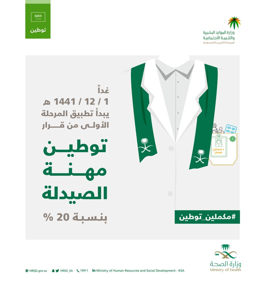 'الموارد البشرية' تبدأ غداً توطين 20 % بمهنة الصيدلة