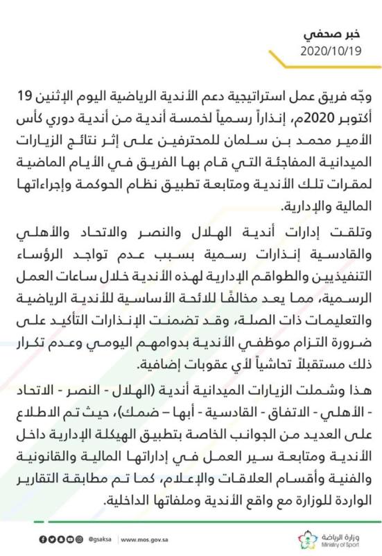 فريق عمل استراتيجية دعم الأندية ينذر 5 أندية