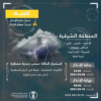 الأرصاد تنبه: سحب رعدية ممطرة ورياح سطحية على الشرقية