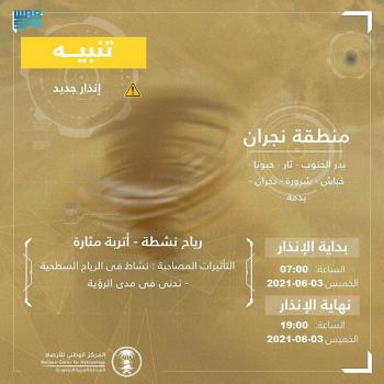 نجران ... رياح نشطة وأتربة مثارة حتى الـ 7 مساءً
