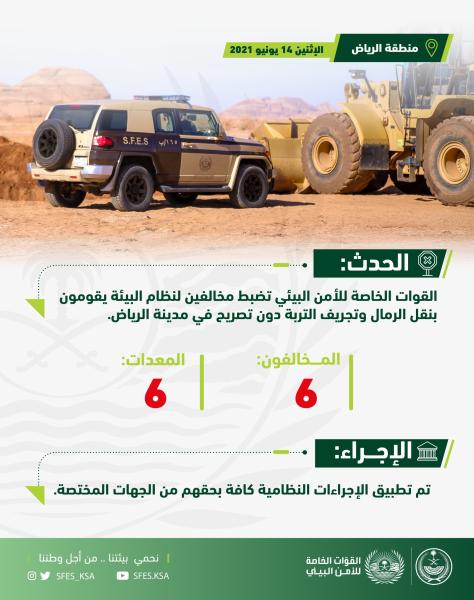 ضبط 6 مخالفين يقومون بنهل الرمال بالرياض