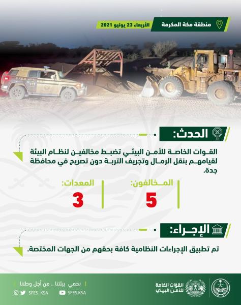 ضبط 5 مخالفين يقومون بنقل الرمال في جدة