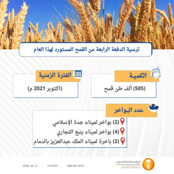 مؤسسة الحبوب ترسي الدفعة الرابعة من القمح المستورد هذا العام