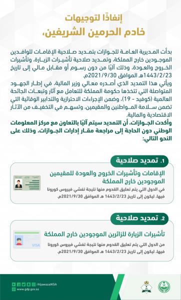 تمديد صلاحية الإقامات للوافدين الموجودين خارج المملكة
