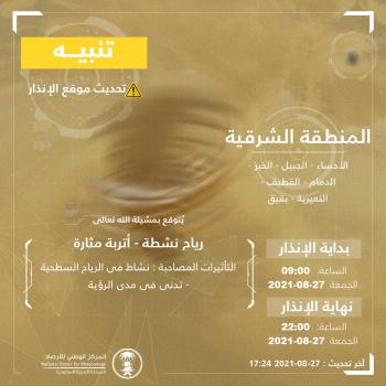 الأرصاد: الرياح والأتربة على الشرقية مستمرة حتى العاشرة مساءً 
