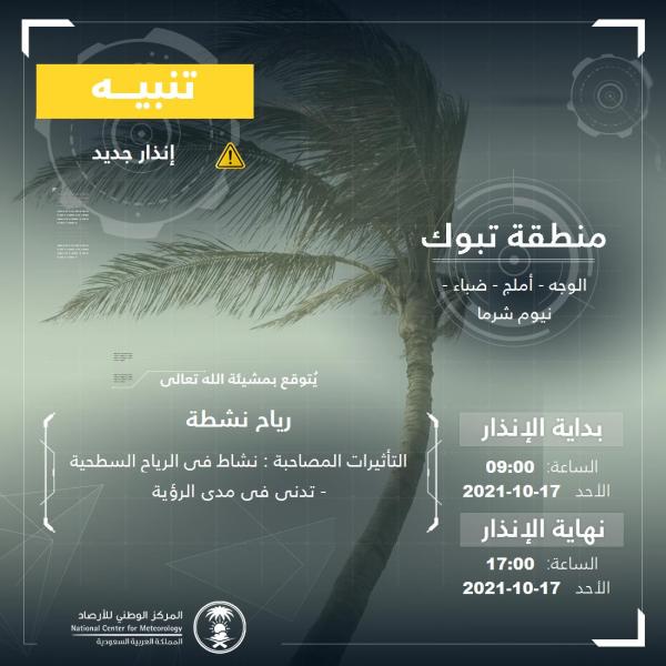 رياح نشطة على تبوك حتى الساعة الـ 5 مساءً