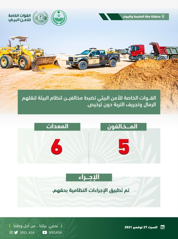 ضبط 5 مخالفين لنقلهم الرمال وتجريف التربة
