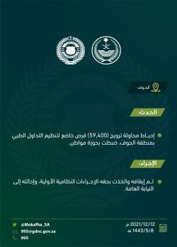 إحباط ترويج 59 ألف قرص خاضع لتنظيم التداول الطبي بالجوف