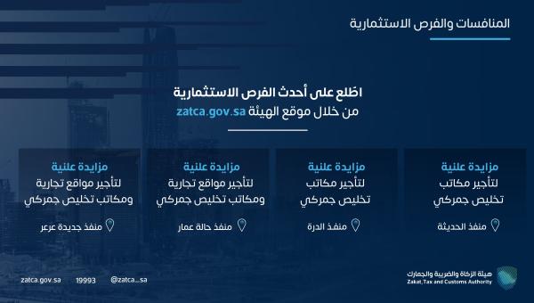 «هيئة الزكاة» تطرح فرصاً استثمارية في 4 منافذ جمركية