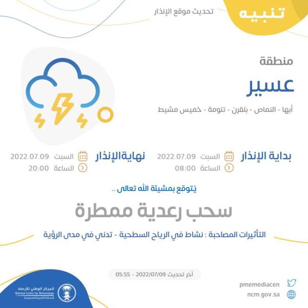 سحب رعدية ممطرة على عسير حتى الـ 8 مساءً