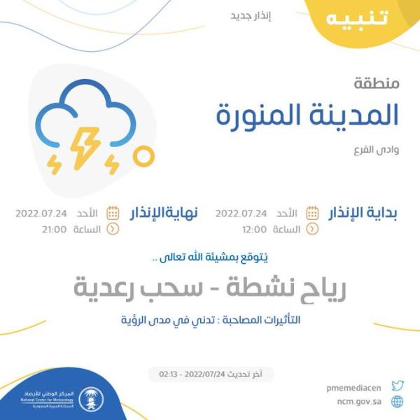 رياح نشطة وسحب رعدية على محافظة وادي الفرع