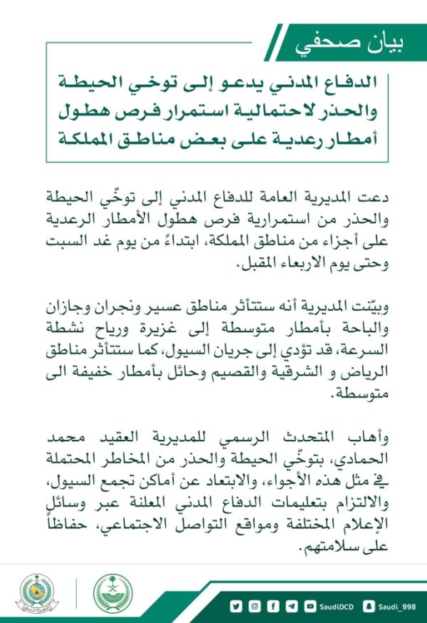 «الدفاع المدني» يحذّر من هطول الأمطار حتى الأربعاء المقبل