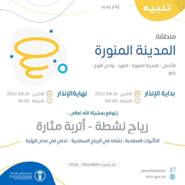 رياح نشطة وأتربة مثارة على المدينة المنورة
