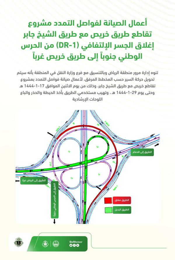 بدءاً من الاثنين ولمدة 12 يوماً.. صيانة طريق خريص بالرياض