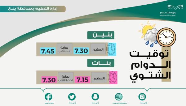 بدءاً من الغد.. اعتماد الدوام الشتوي بتعليم ينبع