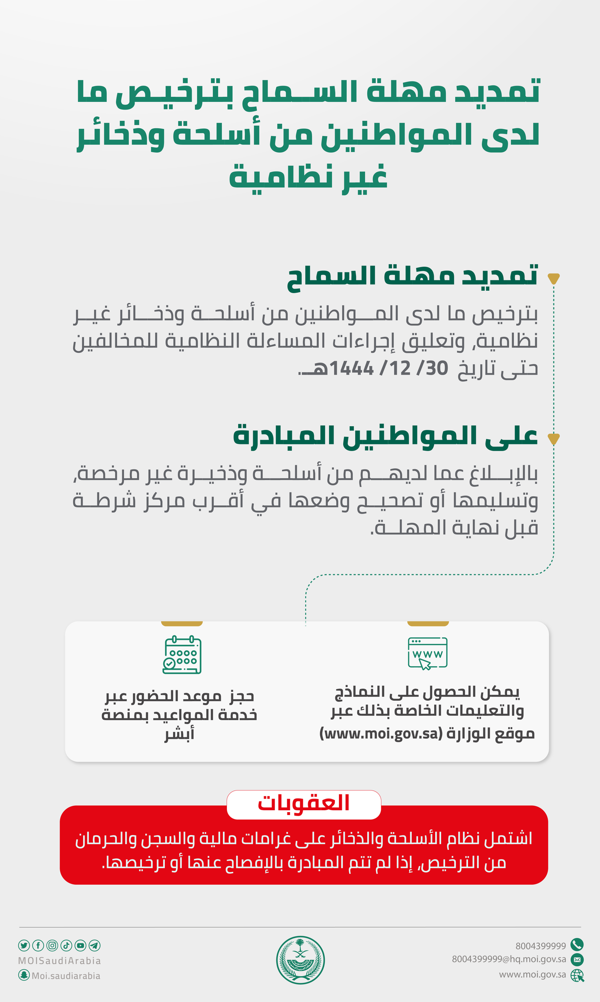 الداخلية تعلن تمديد مهلة السماح بترخيص الأسلحة غير النظامية
