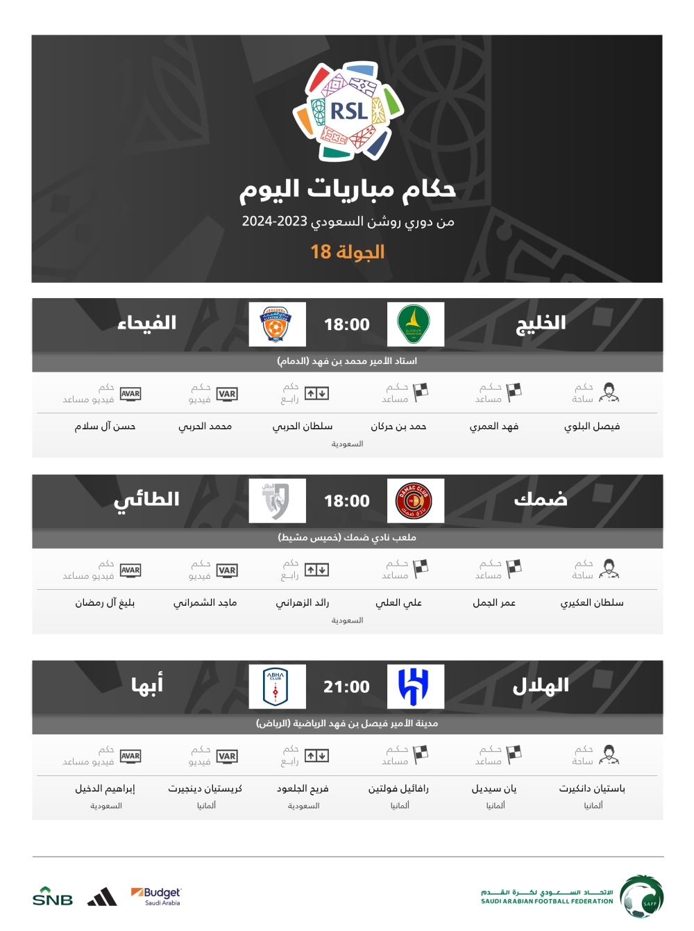 حكام اليوم الخميس في الجولة 18من دوري روشن