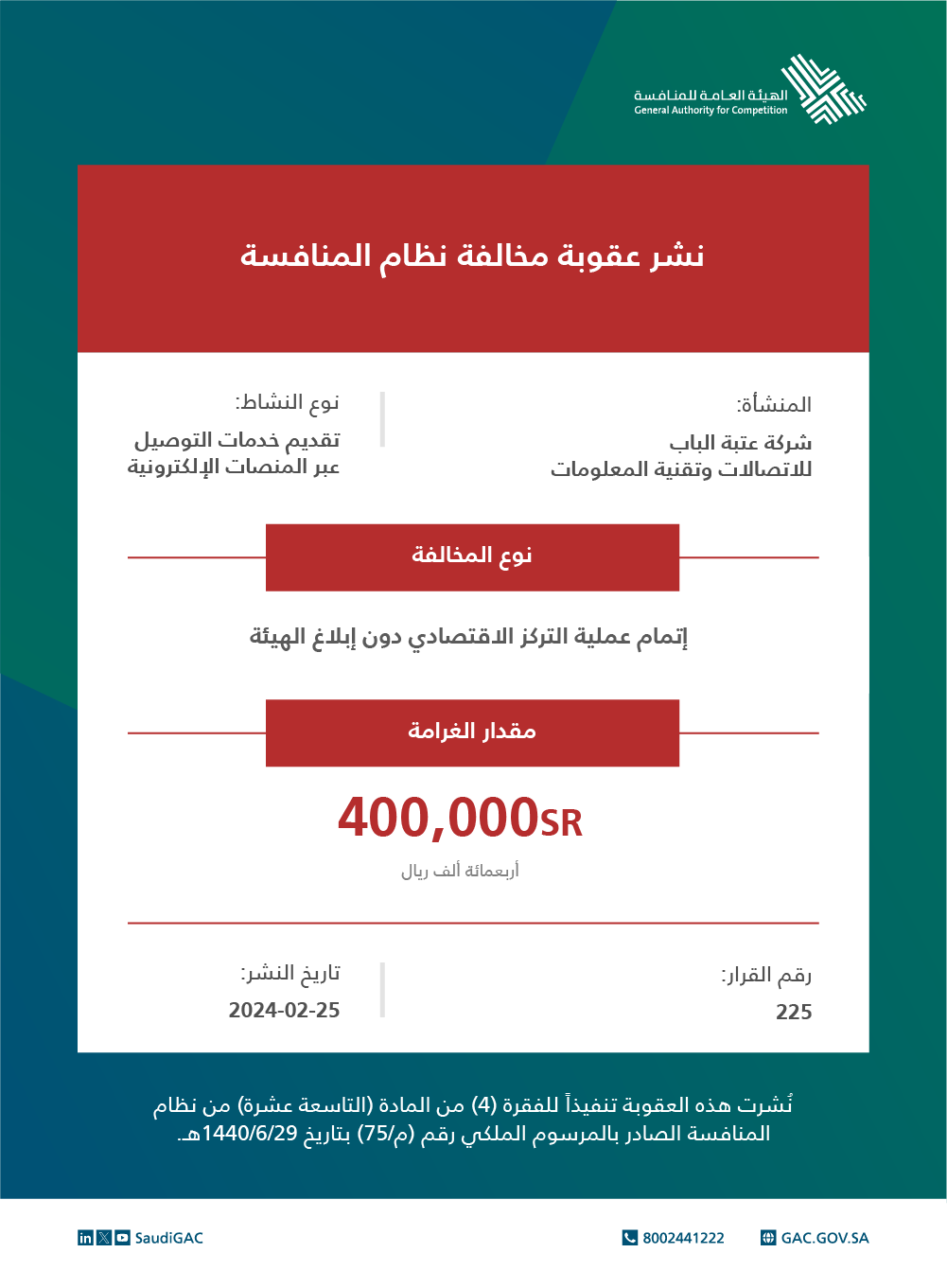 800 ألف ريال غرامة على شركتين لمخالفتهما نظام المنافسة