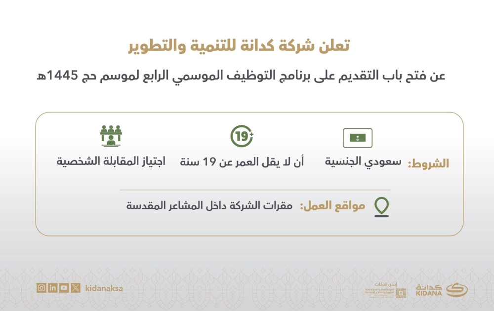 بدء التقديم على برنامج التوظيف لموسم الحج
