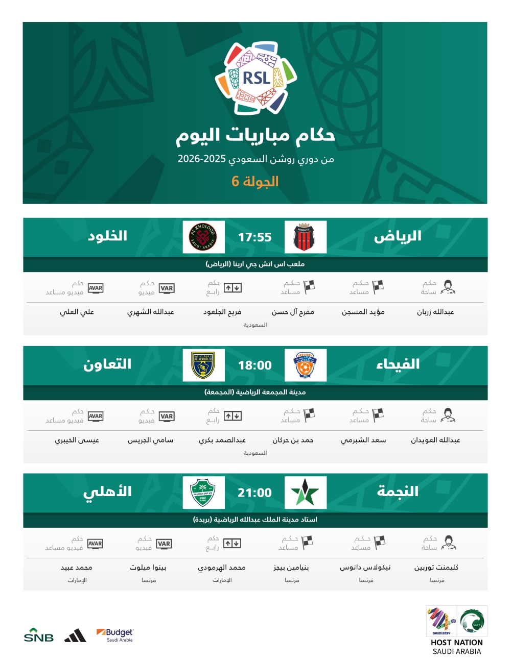 حكام مباريات اليوم الخميس بالجولة السادسة من دوري روشن