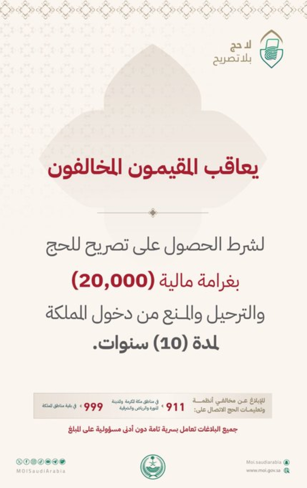 المنع من دخول المملكة 10 سنوات.. غرامة 20 ألف ريال وترحيل المخالفين لتصريح الحج - اليوم 