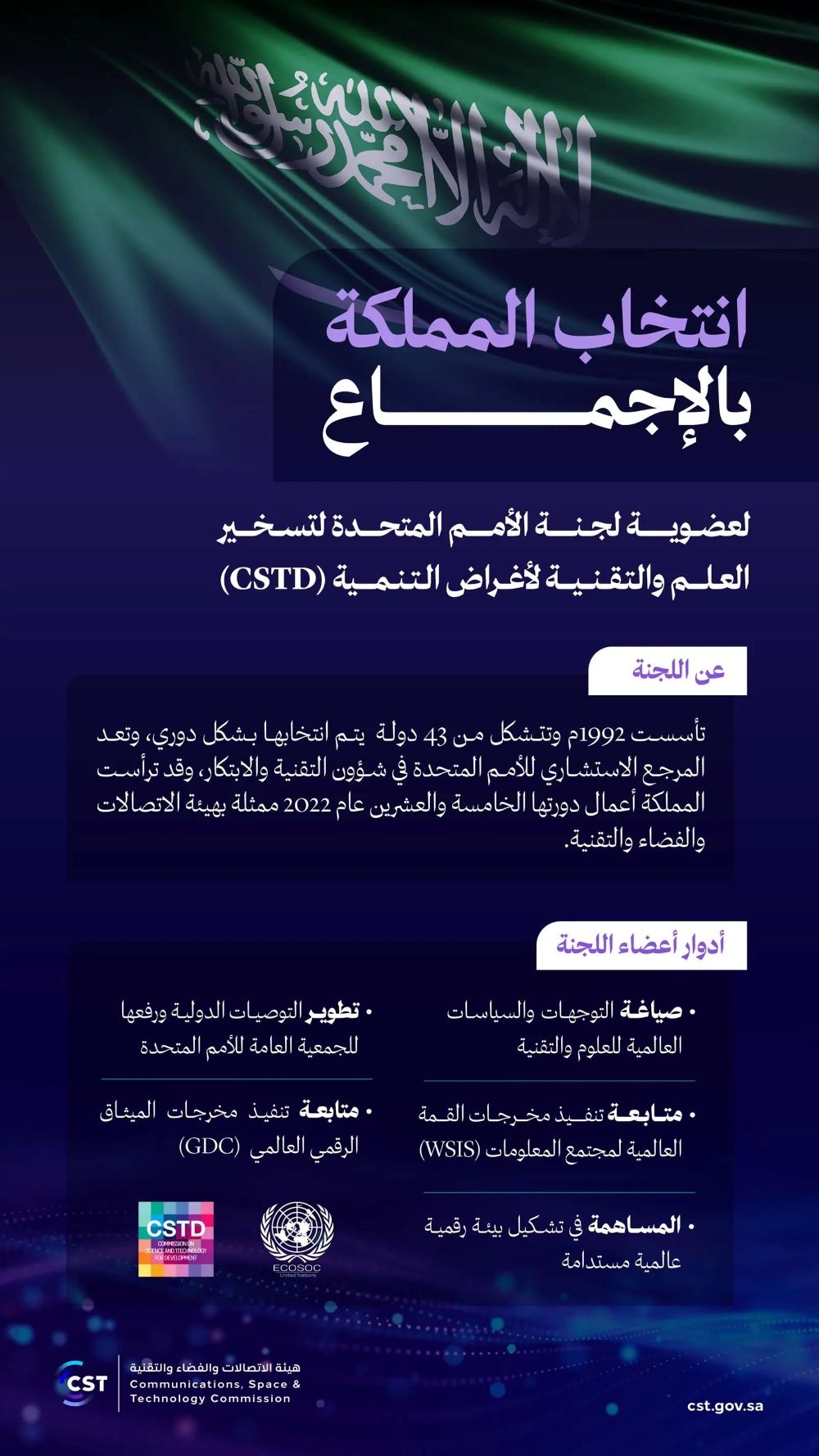 بالإجماع.. المملكة عضوًا في لجنة الأمم المتحدة للعلم والتقنية CSTD