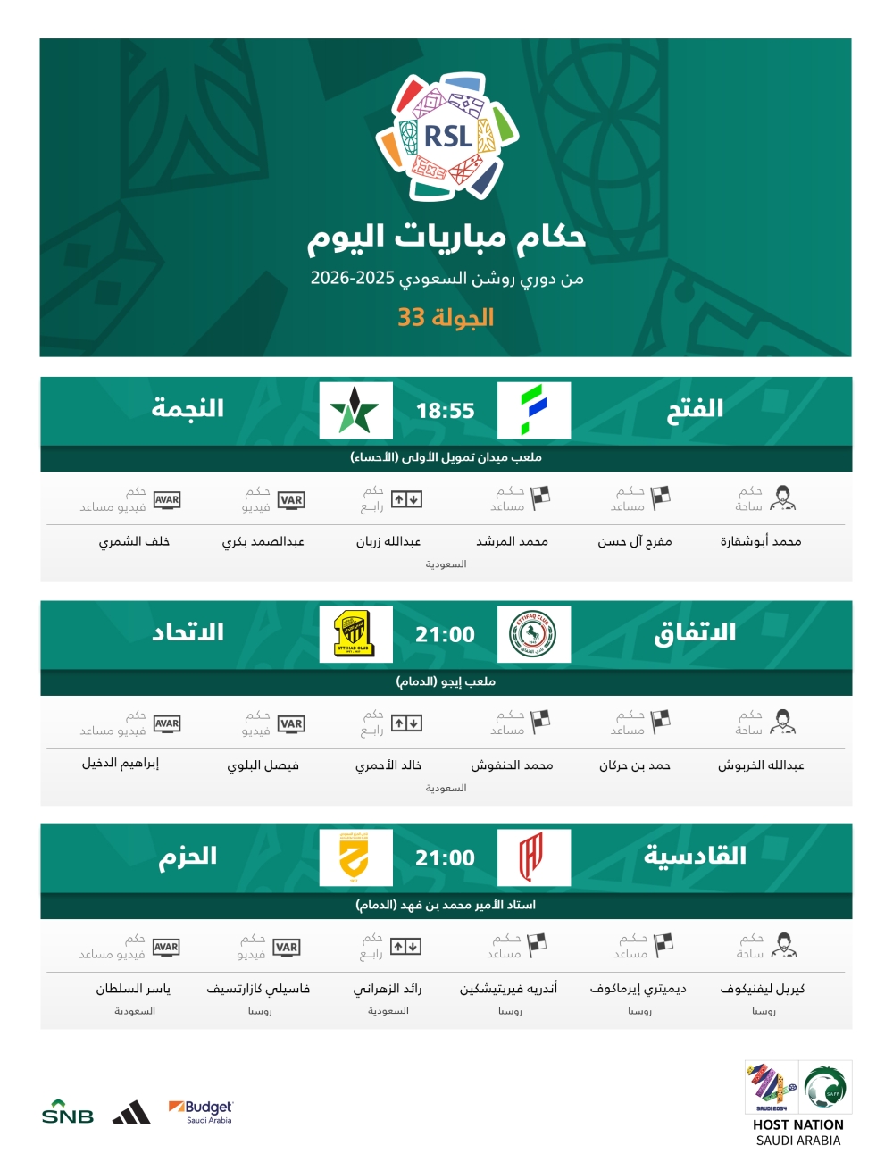 الكشف عن حكام مباريات اليوم في دوري روشن
