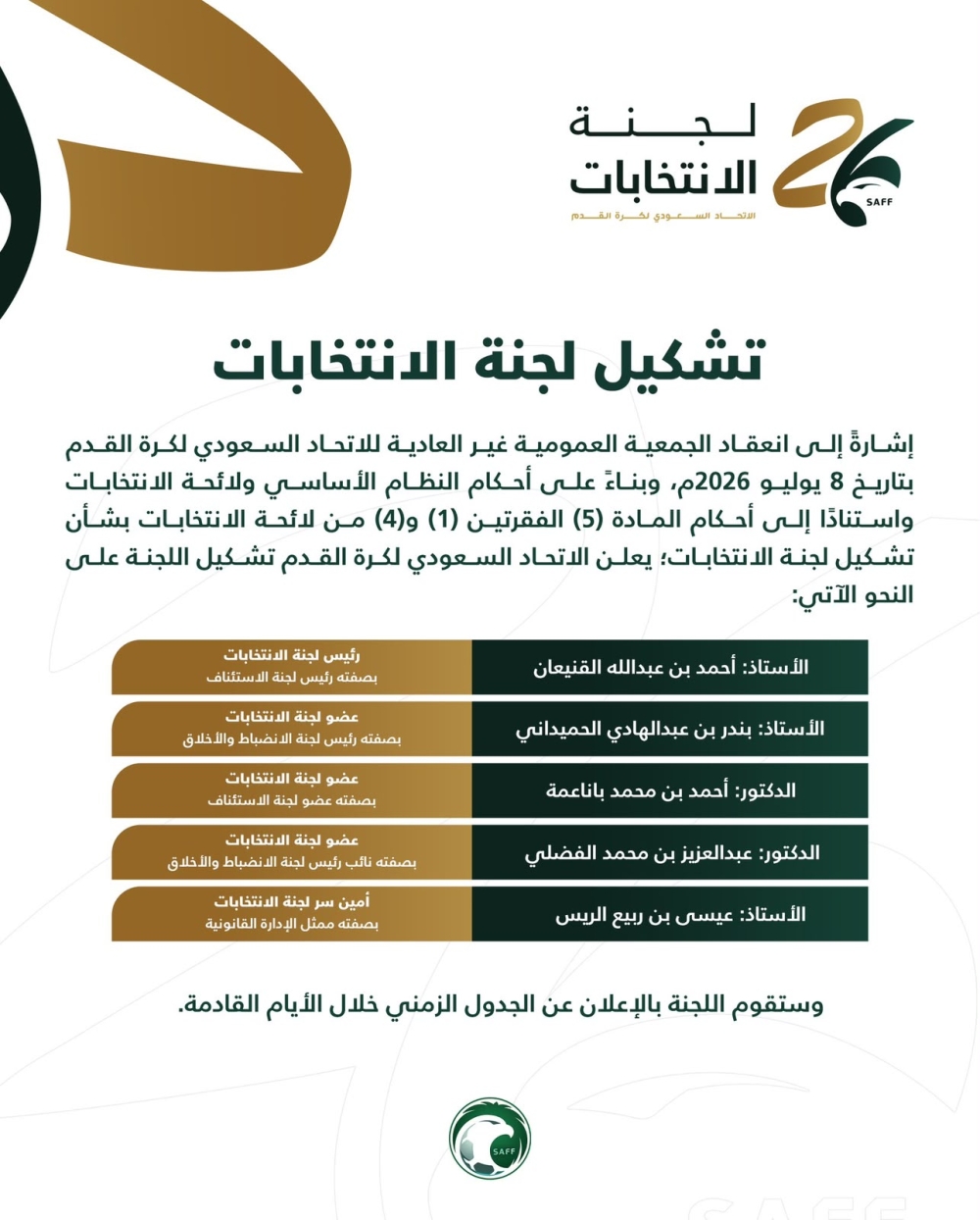 الاتحاد السعودي يعلن تشكيل لجنة الانتخابات.. والجدول الزمني خلال أيام