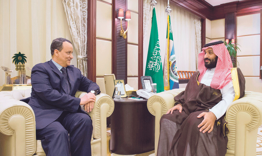 الأمير محمد بن سلمان لدى اجتماعه مع مبعوث الأمين العام للأمم المتحدة (واس)